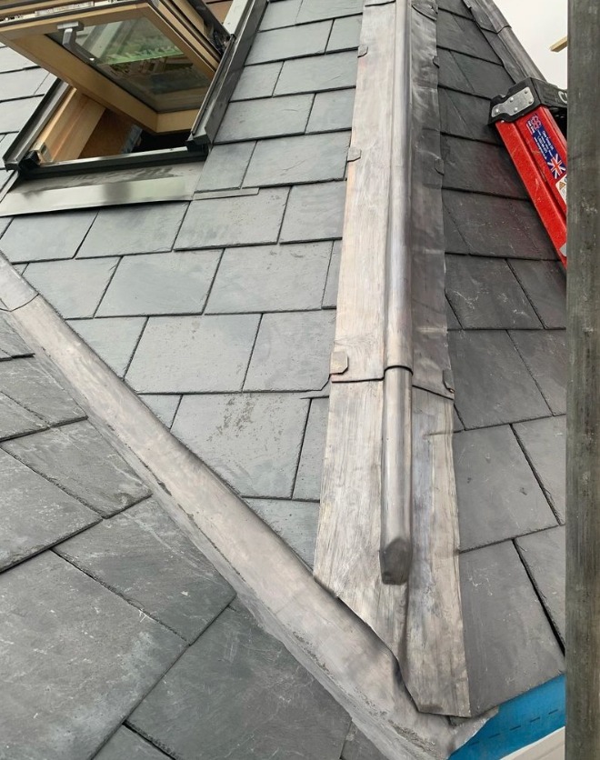 Slate tiles with lead flashing